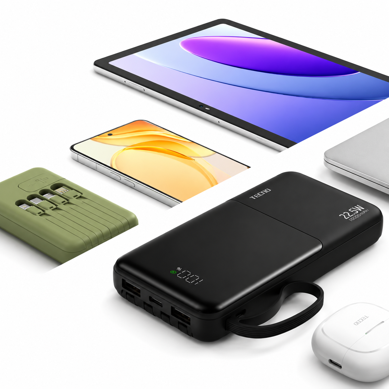 TECNO L101Q Power Bank – Charge Rapide 22.5W avec Support Téléphone et 4 Câbles Intégrés | Livraison Gabon | Kadmarket